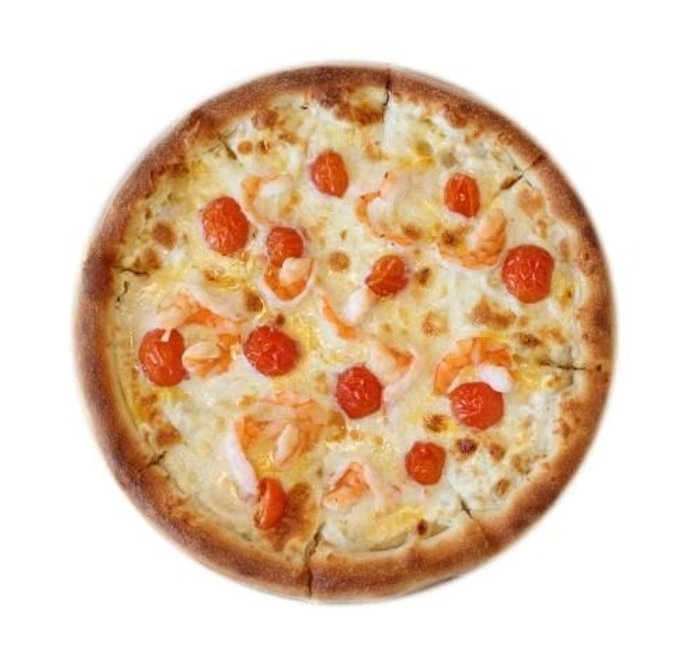 Пицца с тигровыми креветками.